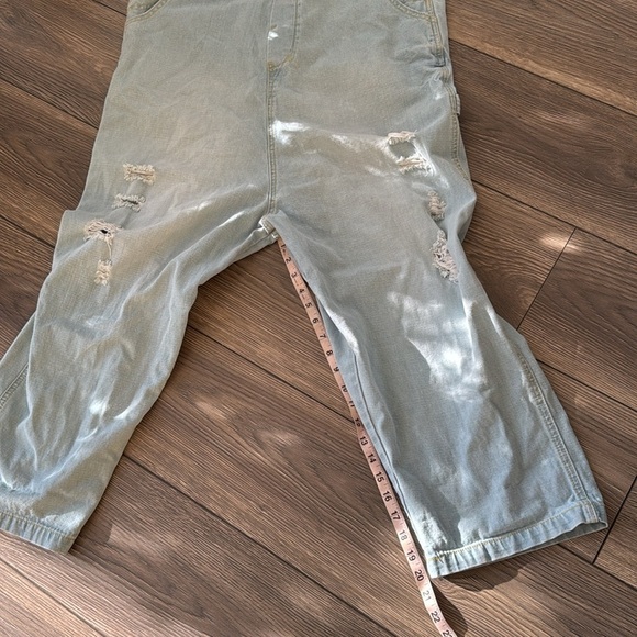 Distressed light blue drop crotch Japanese denim overalls one size baggy - Picture 4 of 10